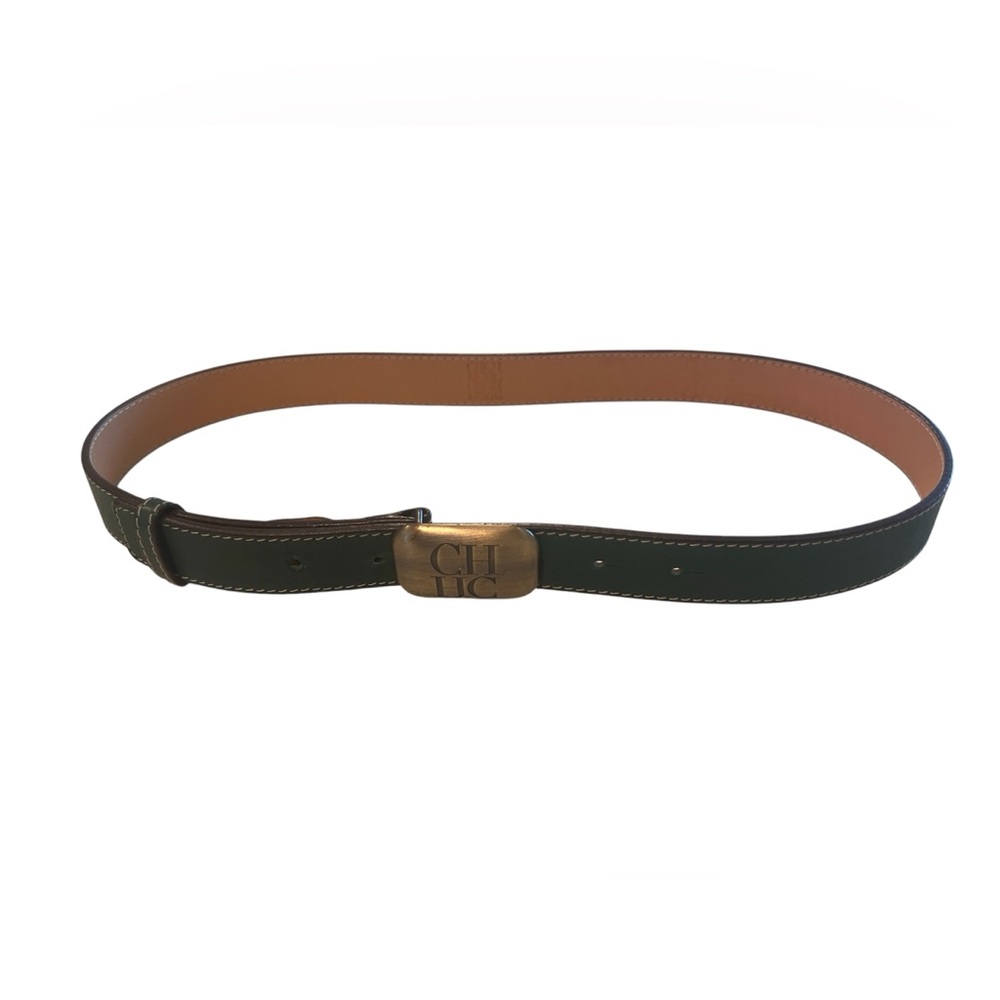 Carolina Herrera Dark Green Leather Belt with Antiqued Brass CH Buckle, Size 75. - Picture 2 of 5